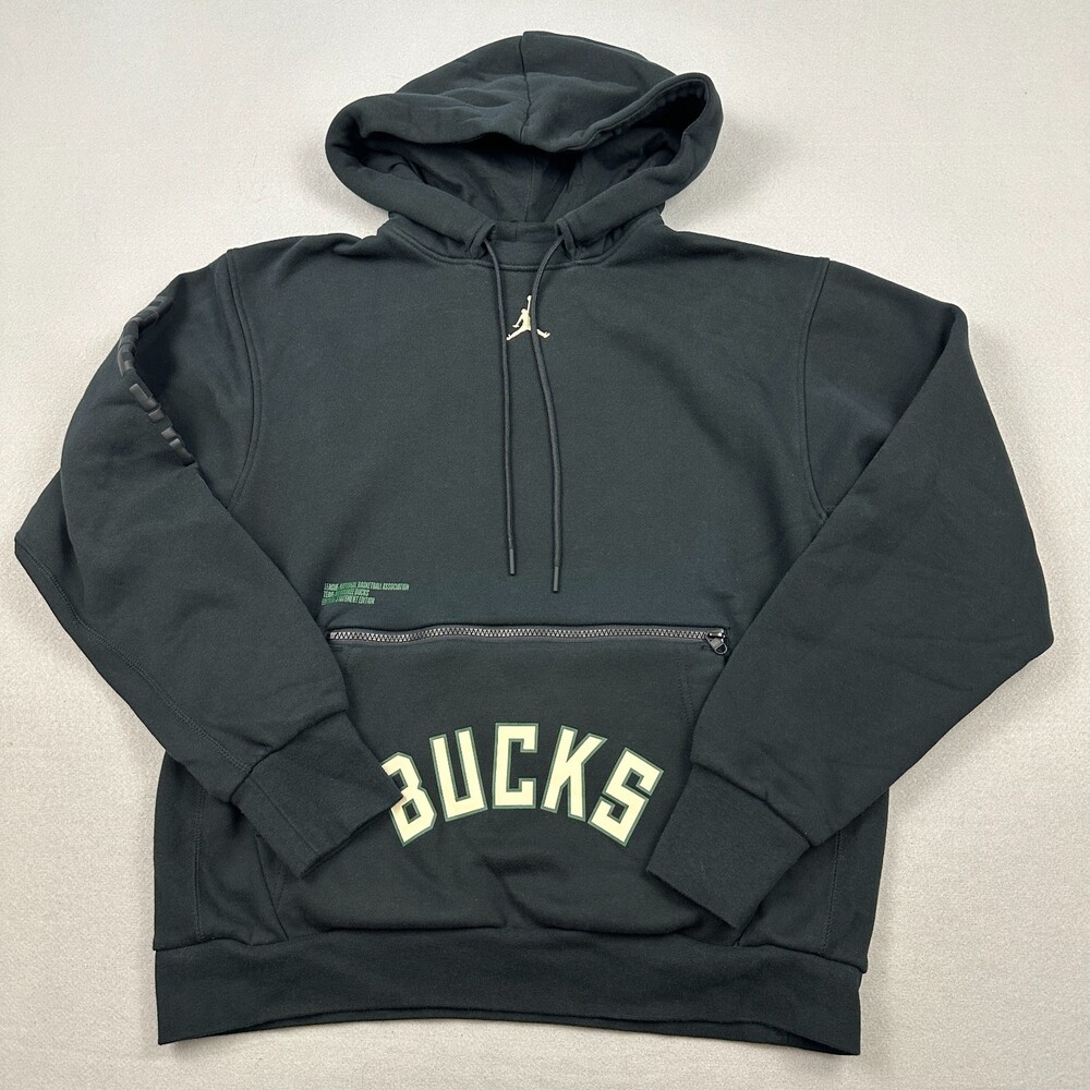 Milwaukee Bucks Hoodie Men Medium Black Jordan  Zip Pocket Heavyweight NBA M
